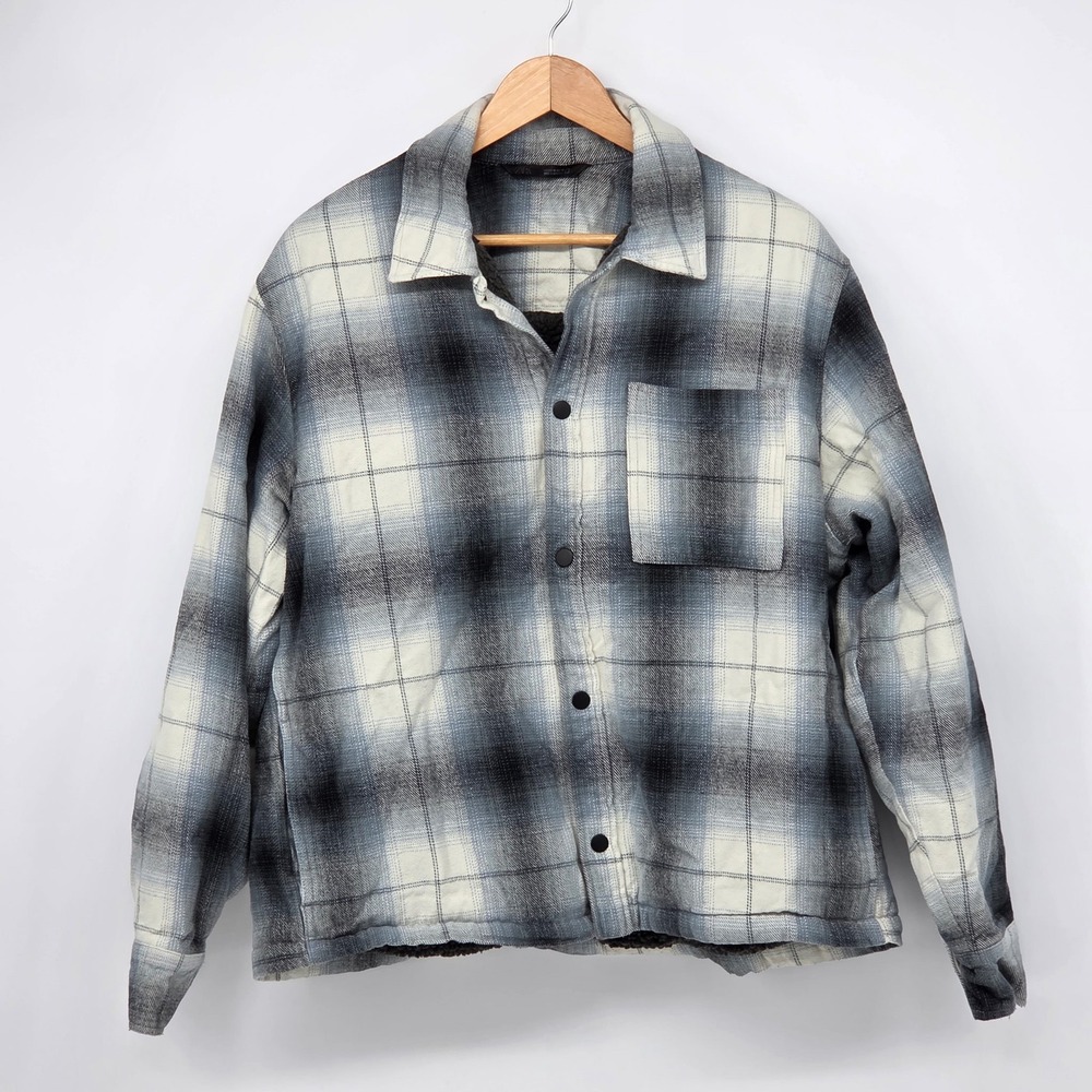 Zara Men XL Blue White Plaid Fleece Lined Flannel Shirt Jacket Grunge Workwear